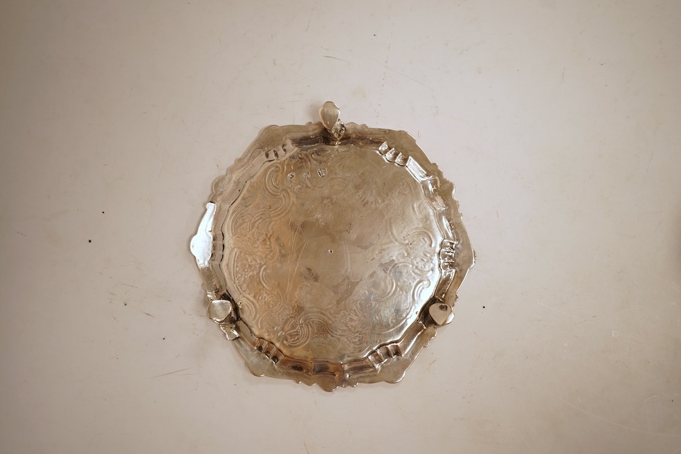 A Georgian Irish silver waiter, by John Dawson?, Dublin, circa 1760, 16.5cm, 7.3oz (tired and repaired).